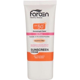 تصویر کرم ضد آفتاب فاقد چربی فاربن (Farben) با پوشش کرم پودری با SPF50 رنگ بژ روشن حجم 50 میلی‌لیتر ضد آفتاب صورت برند فاربن