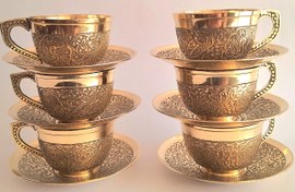 تصویر سرویس چای خوری ۶ تایی فنجان نلبکی برنجی طرح طاووس 