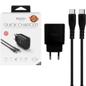 تصویر شارژر دیواری 20 وات فست شارژ دو پورت یسیدو مدل YC50 به همراه کابل شارژ USB-C 