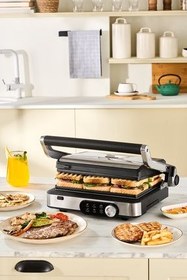 تصویر دستگاه ساندویچ و تست خاکستری گریل Gustro Gourmet Grill Toast Machine Inox 2000 W 6 ظرفیت برش Karaca 