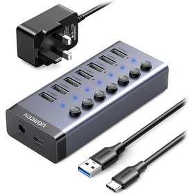 تصویر هاب USB 3 یوگرین 7 پورت مدل CM481 90306 آداپتور UK Ugreen Hub CM481 90306 with 7 ports UK Plug