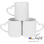 تصویر ماگ سفید وارداتی دسته قلبی با چاپ طرح دلخواه ا White mug with heart handle White mug with heart handle