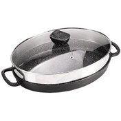 تصویر تابه چدن بیضی نالینو مدل angle ( با درب شیشه ) کد 0128 Nalino oval cast iron pan, angle model (with glass lid), code 0128