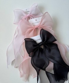 تصویر پاپیون حریر دنباله دار با گیره مو فرانسوی رنگبندی 