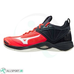 تصویر کفش والیبال میزانو طرح اصلی Mizuno Wave Momentum 2 Mid Red Nevy Blue 