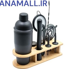 تصویر ست بار سرد 10 تیکه مشکی مات با پایه چوبیBartender kit 