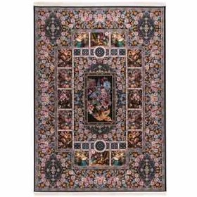تصویر فرش ماشینی دنیای فرش طرح باغ ارم رنگ زمینه سورمه ای 