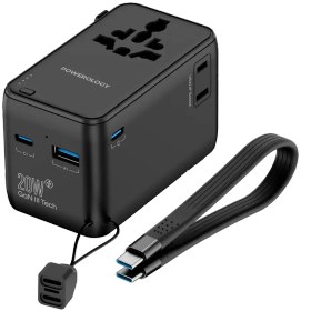 تصویر آداپتور مسافرتی ۲۵۰۰ وات به همراه پاوربانک ۴۰۰۰ میلی‌آمپرساعت پاورولوژی(PWCUQC054BK)Powerology 2500W Universal Travel Adapter with 4000mAh Power Bank – Black