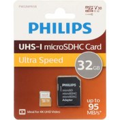 تصویر کارت حافظه microSDHC فیلیپس مدل Ultra Speed کلاس 10 U3 سرعت 95MB/s و ظرفیت 32 گیگابایت به همراه آداپتور SD 