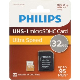 تصویر کارت حافظه microSDHC فیلیپس مدل Ultra Speed کلاس 10 U3 سرعت 95MB/s و ظرفیت 32 گیگابایت به همراه آداپتور SD 