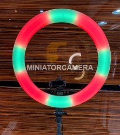 تصویر رینگ لایت رنگی RGB18 به همراه سه پایه، ریموت و هولدر موبایل RGB18 color ring light with tripod, remote and mobile holder