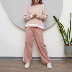 تصویر ست بافت راه راه ریز زنانه ست بلوز و شلوار بافت با نخ 100% آکریل