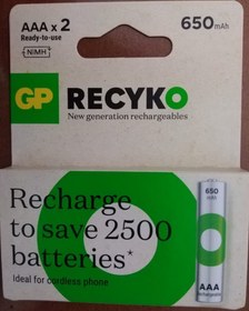 تصویر باتری نیم قلمی قابل شارژ جی پی مدل Rechargeable Recyko 650 بسته دو عددی 