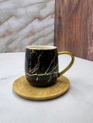 تصویر چای خوری سرامیکی مشکی طرح ماربل همراه زیره بامبوJAC59 