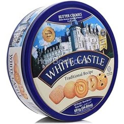 تصویر بيسکويت کره ای وايت کستل فلزی 681 گرم white castle مدل butter cookies White Castle Premium Butter Cookies Box 681gr