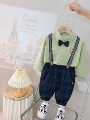 تصویر ست پیراهن و شلوار و ساسبند و پاپیون پسرانه مجلسی سایز ۹ ماه تا ۵ سال 