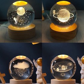تصویر گوی سه بعدی چراغدار مناسب چراغ خواب کادو هدیه باکس تولد گوش شیشه ای شبدر منظومه شمسی ماه برج ایفل 