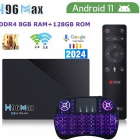 تصویر اندروید باکس H96 مدلMax با CPU Rockchip 3566 و حافظه داخلی 128 و8 رم همراه کیبورد i8بک لایت 