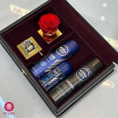 تصویر پکیج رز جاودان قرمز موزیکال و ست Nivea ویژه آقایان 