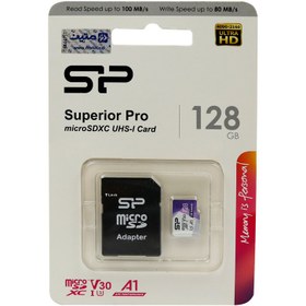 تصویر رم میکرو ۱۲۸ گیگ سیلیکون پاور Silicon Power Superior Pro A1 V30 U3 100MB/s + خشاب ا Silicon Power Superior Pro A1 V30 U3 100MB/s 128GB Memory Card With Adapter Silicon Power Superior Pro A1 V30 U3 100MB/s 128GB Memory Card With Adapter