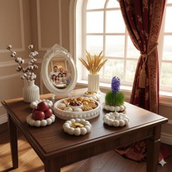 تصویر هفت سین طرح مرواریدی نوروز۱۴۰۵،سفید صدفی، کرج لند 