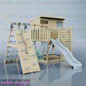 تصویر کلبه چوبی جنگلی به همراه دیوارهای صخره نوردی و نردبان طنابی کد 2 