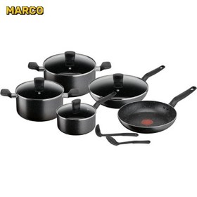 تصویر سرویس قابلمه 11 پارچه تفال مدل TEFAL DarkStone 11pc مشکی اورجینال ارسال فوری TEFAL Cookware Set | Dark Stone 11 pcs Cooking Set | Non-stick | stewpots 22/24 cm + lids | saucepan 18 cm | frypan 28 cm | wokpan 28 cm | spoon | ladle | Aluminium