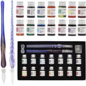 تصویر ست قلم خطاطی کریستالی ۱۸ تکه شامل ۱۴ رنگ جوهر، نگهدارنده قلم، فنجان تمیزکننده، ۲ قلم شیشه‌ای کریستالی برای هنر، نوشتن، و نقاشی برند generic Crystal Dip Calligraphy Pen Set, 18 Pcs 14 Color Inks, Pen Holder, Cleaning Cup, 2 Crystal Glass Pens for Art, Writing, Drawing,