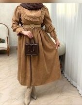 تصویر پیراهن مانتوعروسکی مخمل کبریتی کمرکش 