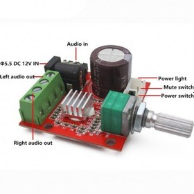 تصویر ماژول آمپلی فایر 2x10W وات دو کانال استریو PAM8610 با ولوم صدا و کلید Mute 
