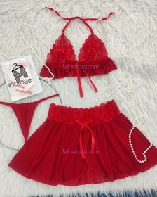 تصویر ست لباس زیر فانتزی زنانه ۳ تکه از جنس پارچه یاردی و گیپور کد 7025 Women's lingerie