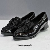 تصویر کفش کالج زنانه مجلسی و روزمره رویه ورنی با جواهر دوزی طبی پروانه مشکی _ تبریز پوش 