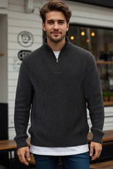 تصویر خرید اینترنتی پلیور مردانه طوسی ترندیول من TMNAW22KZ0347 Antrasit Erkek Regular Fit Fermuarlı Balıkçı Yaka Triko Kazak