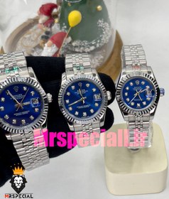 تصویر ست ساعت زنانه و مردانه رولکس دیت جاست درجه یک نقره ای رنگ صفحه آبی ROLEX DATEJUST OYSTER PERPETUAL