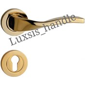 تصویر دستگیره درب دو تکه طلایی همراه با قفل و توپی 