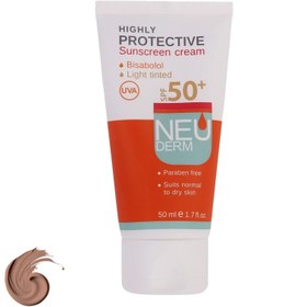 تصویر کرم ضد آفتاب رنگی نئودرم SPF50 مدل Highly Protective محافظ UVA ،UVB، مناسب انواع پوست حجم 50 میلی‌لیتر - بژ روشن Neuderm highly protective sunscreen cream