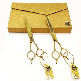 تصویر ست قیچی کرتزر فینی 6اینچ طلایی (کات و کوتاهی _ پیتاژ _ طرحدار) Kretzer Finney hairdressing scissors set 6 inches golden (cut and short _ pittage _ patterned)