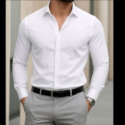 تصویر پیراهن سفید مجلسی - اسپرت مردانه پارچه دوشین هندی کیفیت عالی یقه خرگوشی 