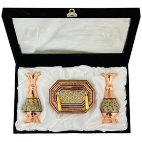 تصویر هدیه سازمانی خاتم‌کاری شامل گلدان و جاخودکاری 