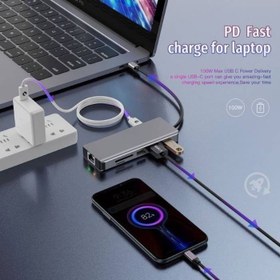 تصویر هاب 9 پورت پرودو Porodo 9in1 4K HDMI Ethernet USB-C Hub PD توان 100 وات 9in1 USB-C Hub Type-C PD 100W HDMI Ethernet USB SD Card 3.5mm Aux - Grey