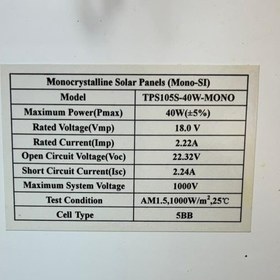 تصویر پنل خورشیدی 40 وات مونوکریستال برند Topray Solar 