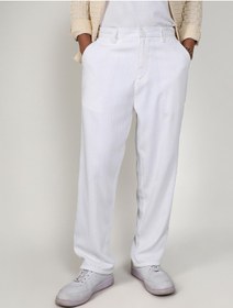 تصویر شلوار کتان ترکیبی سفید چاکدار مردانه برند campus sutra Men's Chalk White Tailored Linen-Blend Trousers