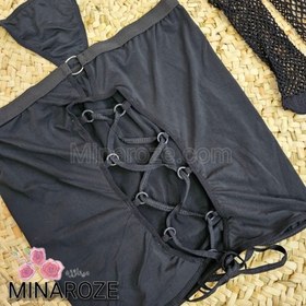 تصویر ست لباس زیر زنانه فانتزی ۴ تکه سوتین فنردار و جوراب فیشنت سایزبندی L و XL کد 0156 Women's lingerie