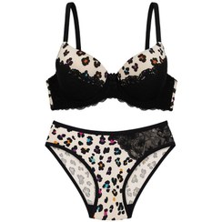 تصویر ست شورت و سوتین زنانه پانیذ مدل اسفنجی پوش آپ فنردار طرح پلنگی رنگی کد 5571-2 