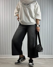 تصویر شلوار زنانه واید لگ ذغالی کمر کش کد 71860 