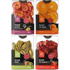 تصویر میوه‌ خشک پرتقال و توت فرنگی و کیوی و آلو زرنگاران - 430 گرم بسته 4 عددی 