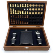 تصویر ست قمقمه جیبی چرم مدل جانی واکر ، جعبه شطرنج و تخته نرد کد s516 