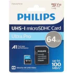 تصویر کارت حافظه microSDHC فیلیپس مدل Ultra Pro کلاس 10 U3 سرعت 100MB/sو ظرفیت 64 گیگابایت به همراه آداپتور SD 