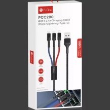 تصویر کابل تبدیل USB به USB-C / microUSB / لایتنینگ پرووان مدل PCC280 طول 1 متر مشکی کابل تبدیل