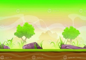 تصویر دانلود Season Forest Landscape For Ui Game نمایش تصویر کارتونی بدون درز پس زمینه جنگل طبیعت سبز با چمن ، سنگ و درخت برای بازی ui 